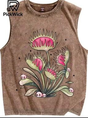 Venus flytrap Brown Sleeveless Top with Pink & Green Graphic